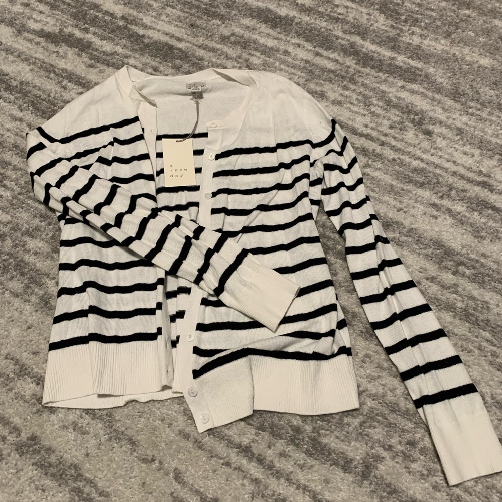 White cardigan with black horizontal stripes. A New Day, size XS. NWT